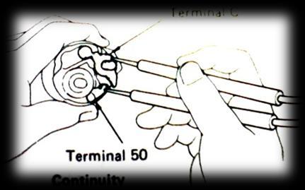Selanjutnya penulis mengukur kontinuitas antara terminal 50 dengan terminal C, pengukuran dilakukan dengan menggunakan Ohmmeter.