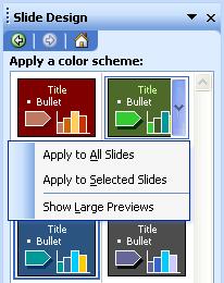 Slide Design (Color Scheme) Jika sebelumnya kita memberikan gambar untuk latar belakang (background), maka untuk Color Scheme adalah untuk memberikan gambar atau warna depan (foreground).