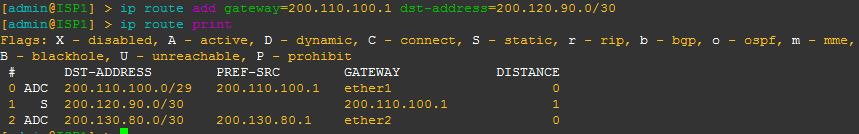 3. Setelah selesai, langkah selanjutnya adalah konfiguari routing static pada router ISP1, dimana routing static berfungsi untuk menghubungkan (interkoneksi) antar interface ethernet seluruh router,