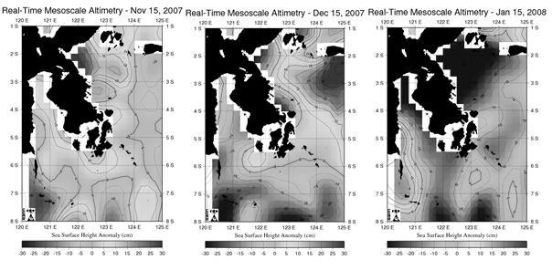 Gambar 6. Sebaran Anomali Tinggi permukaan laut di perairan Laut Sulawesi Tenggara di Selat Buton dan sebagian besar Laut Banda selama Musim Barat (Nov 2007 Jan 2008). Gambar 7.