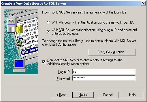 Pada dialog box di atas Anda harus memasukkan metode autentikasi SQL Server yang digunakan.