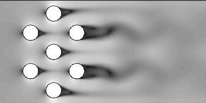 Gambar 8 menunjukkan velocity profile dari susunan silinder, disini terlihat silinder mana yang alirannya mengalami defisit momentum.