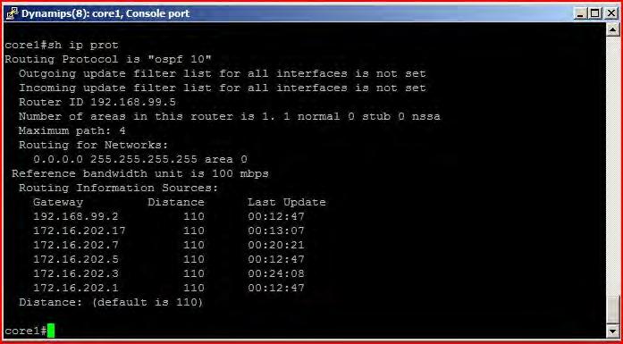 74 Protokol layer 3 yang diimplementasikan pada core 1 adalah OSPF dengan nomer proses 10, berikut ini contoh tampilan protokol IP yang digunakan pada core 1 Gambar 4.14 IP Protokol pada Core1 4.2.