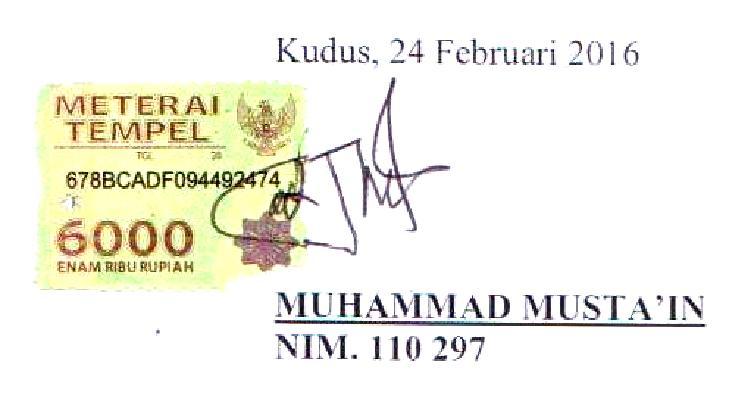 SURAT PERNYATAAN Yang bertanda tangan di bawah ini: Nama : Muhammad Musta in NIM : 110 297 Jurusan/ prodi : TARBIYAH/PAI Judul Skripsi : PENDIDIKAN BERBASIS PENGALAMAN MENURUT PEMIKIRAN JOHN DEWEY