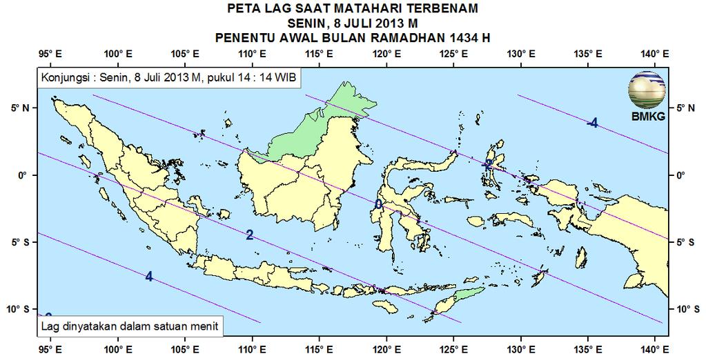 6. Peta Lag Pada Gambar 5 ditampilkan peta Lag untuk pengamat di Indonesia pada tanggal 8 Juli 2013. Lag adalah selisih waktu terbenam Bulan dengan waktu terbenam Matahari.
