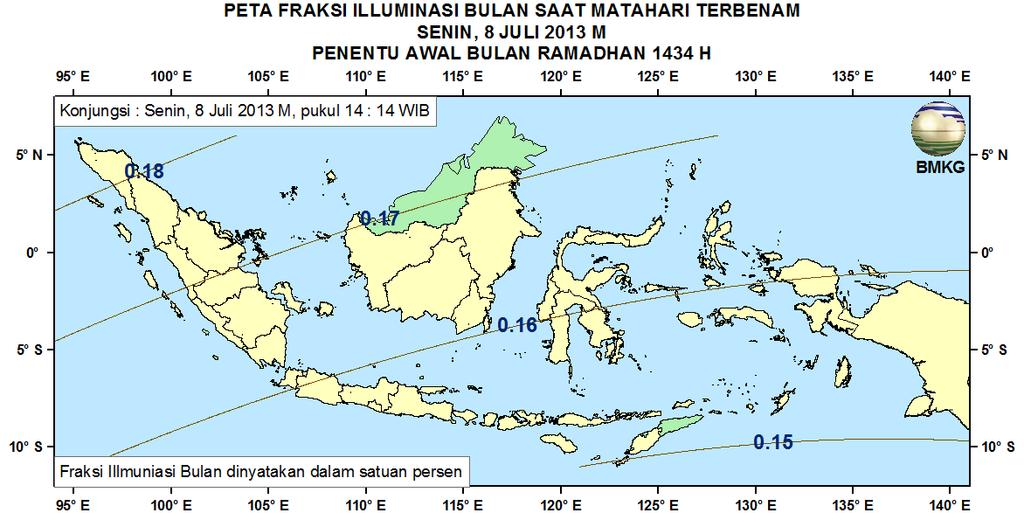Peta Lag tanggal 8 Juli 2013 untuk pengamat di Indonesia 7. Peta Fraksi Illuminasi Bulan Pada Gambar 6 ditampilkan peta Fraksi Illuminasi Bulan untuk pengamat di Indonesia pada tanggal 8 Juli 2013.