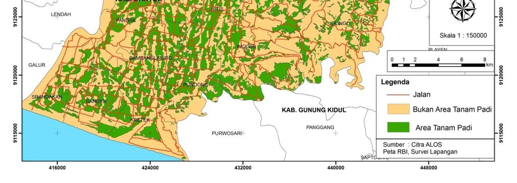 Peta Interpretasi Area Tanam Padi Kabupaten Bantul Proses estimasi produksi padi secara tahunan seharusnya mempertimbangkan pola tanam yang dimiliki beberapa sawah.
