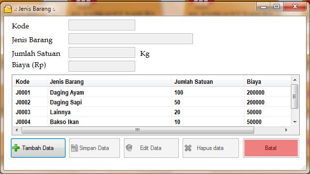 form untuk menampilkan dan mengatur data barang melalui