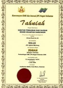 iii. Naib Johan Kategori Teknikal Persembahan Inovasi Peringkat Jabatan Pengairan Dan Saliran Malaysia bertempat di Pulai Langkawi pada November 2007 (Tajuk Projek Kerja pembersihan taliair tidak