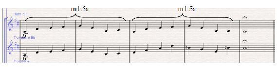 Di frase tanya motif m1.3 birama 116-121 masih sama dengan eksposisi namun berbeda letak oktaf yang lebih tinggi pada saat motif m1.3a di mainkan di violin. Motif m1.
