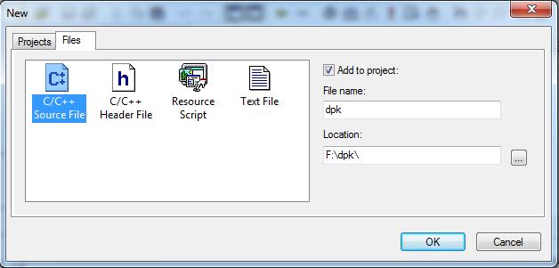 Gambar 1.8 Tampilan membuat file baru Pilih tab Files dan pilih C/C++ Source File.