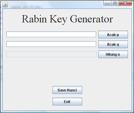 Beberapa jenis serangan yang dapat dilakukan pada sistem kriptografi Rabin tersebut adalah: Berikut merupakan tampilan aplikasi Key Generator: Factorization Attack: Serangan yang dilakukan dengan