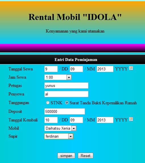 3.3.6 Halaman Input Data Peminjaman Mobil Pada halaman isi data peminjaman ini petugas dapat melakukan input data peminjaman mobil ke dalam database. tampilannya adalah sebagai berikut : Gambar 3.