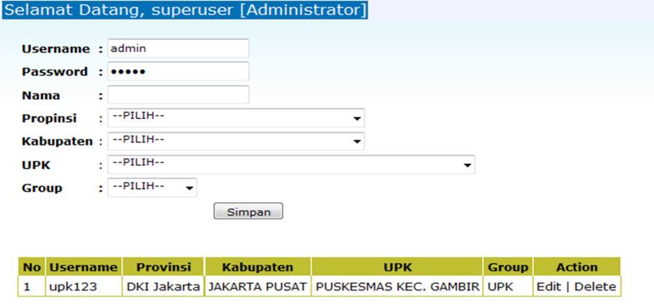 Untuk menambah user, klik tombol Tambah User sehingga didapatkan tampilan sebagai berikut : Username Password Nama Propinsi Kabupaten UPK Group : nama user sebagai nama login kedalam sistem :