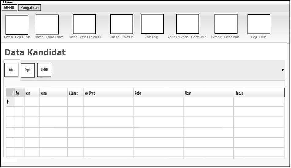 Gambar 3.11 menampilkan rancangan antarmuka data pemilih. Pada bagian data menampilkan data pemilih dalam bentuk tabel.