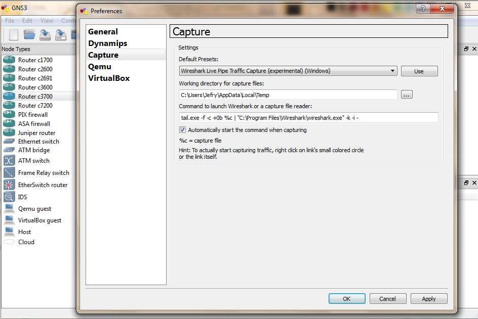 101 dengan cara pilih menu edit preferences capture dan kemudian centang pilihan automatically start the command when capturing.