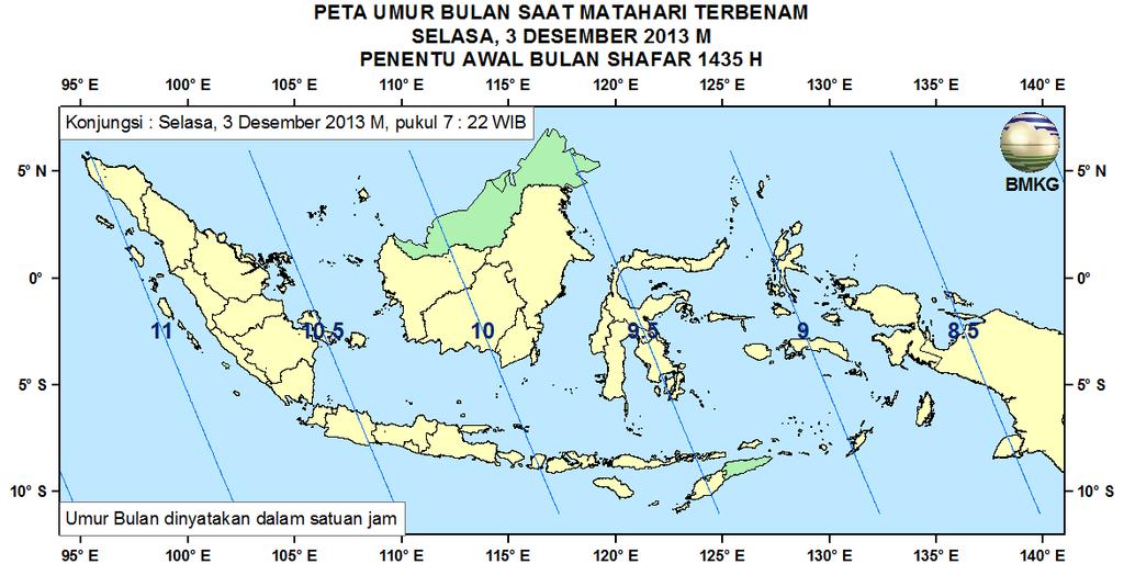 Sebagaimana terlihat pada Gambar 3, elongasi saat Matahari terbenam tanggal 3 Desember 2013 di Indonesia berkisar antara 4,91 o sampai dengan 6,29 o. Gambar 3. Peta Elongasi tanggal 3 Desember 2013 untuk pengamat di Indonesia 5.