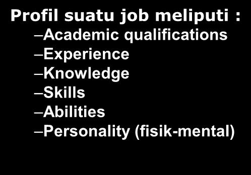 Job Specifications Profil suatu job meliputi : Academic qualifications Experience Knowledge Skills Abilities Personality