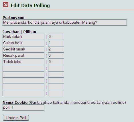 B.4.4 Mengedit Data Polling Polling atau jajak pendapat ditampilkan di kolom kiri halaman. Untuk merubah data polling ini, pilih link Lihat / Edit Polling di halaman depan Administrator.