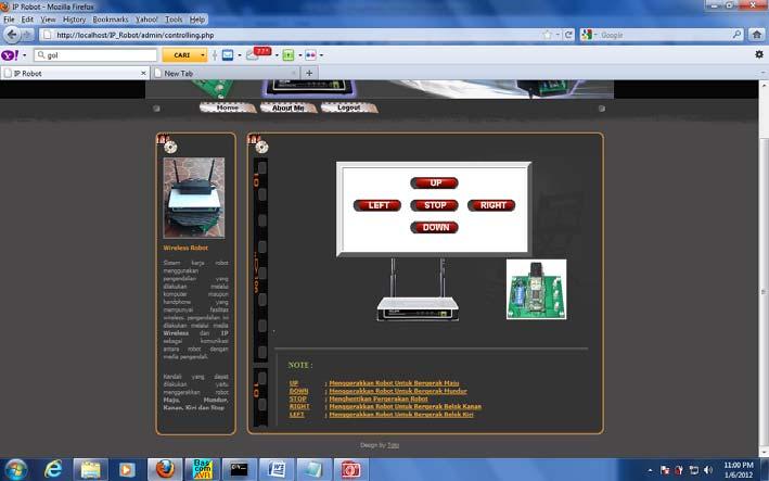 74 Gambar 4.7. Tampilan Kontrol Web Server Wireless Robot Di dalam halaman web control ini terdiri dari lima tombol yaitu tombol up, down, stop, right, left.