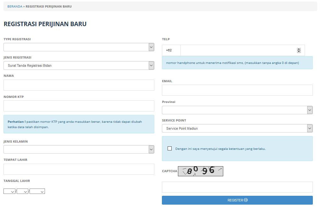 2. Proses Registrasi Pengguna dapat mendaftar ataupun memperpanjang surat perizinan dengan klik pada Tab Regristrasi