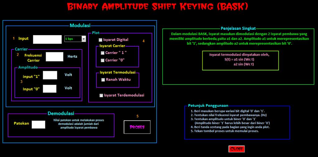 16 3.1.1. Simulator Modulasi BASK (Binary Amplitude Shift Keying) Gambar 3.3. Tampilan Keseluruhan Simulator Modulasi BASK. Masukan simulator modulasi BASK berupa deretan bit (b).