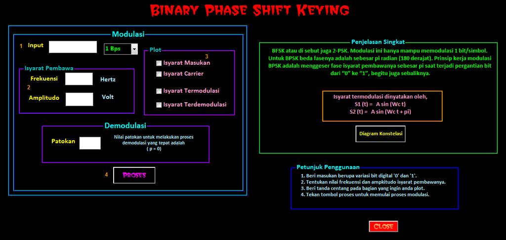 19 3.1.4. Simulator Modulasi BPSK (Binary Phase Shift Keying) Gambar 3.6. Tampilan Keseluruhan Simulator Modulasi BPSK. Masukan simulator modulasi BPSK berupa deretan bit (b).