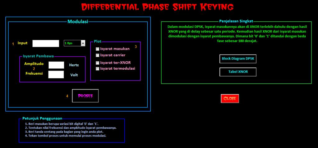 20 3.1.5. Simulator Modulasi DPSK (Differential Phase Shift Keying) Gambar 3.7. Tampilan Keseluruhan Simulator Modulasi DPSK. Masukan simulator modulasi DPSK berupa deretan bit (b).