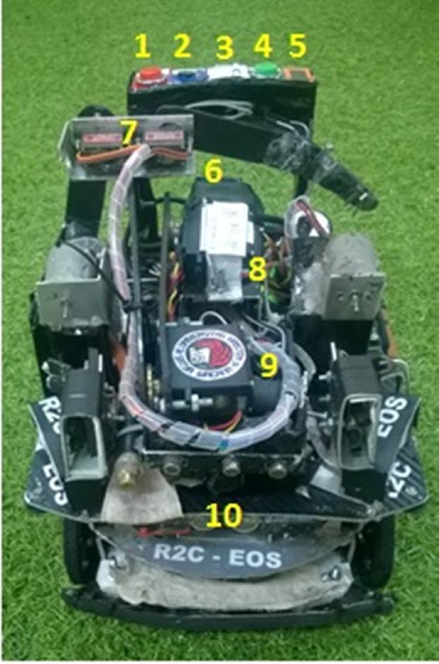 3.2.3. Realisasi Mekanik Robot Gambar 3.9. Realisasi Desain Mekanik. Keterangan dari gambar 3.9. adalah sebagai berikut : 1. Tombol Stop 2. Mic untuk Sound Activation 3.