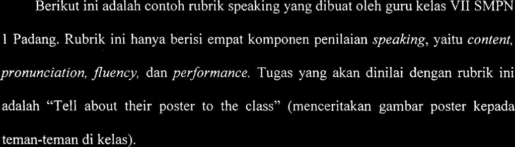 Penilaian otentik untuk speaking Berikut ini adalah contoh rubrik speaking yang dibuat oleh guru kelas VII SMPN 1 Padang.