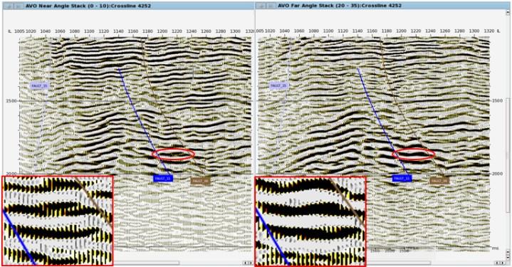 nilai atribut tersebut. Gambar 6. Peta struktur waktu pada lapisan target: (kiri) top lapisan dan (kanan) bottom lapisan Gambar 7. Anomali AVO pada penampang seismik near dan far angle stack.