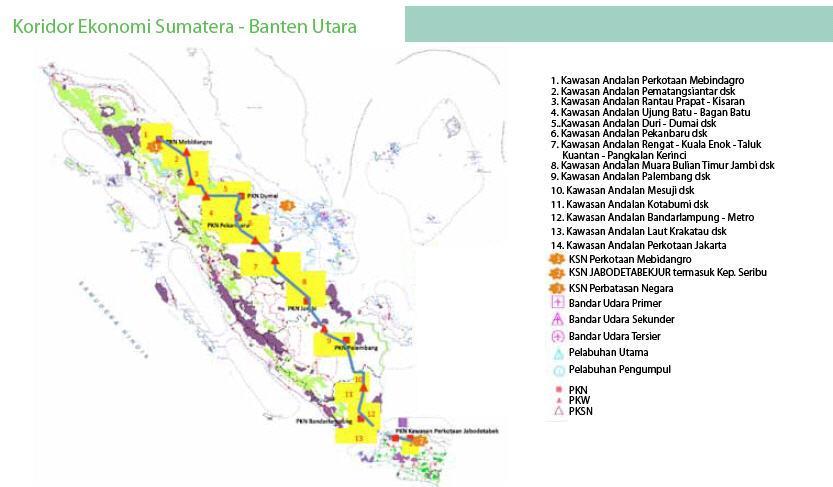 Koridor Ekonomi Kalimantan sebagai pusat produksi dan pengolahan hasil tambang dan lumbung energi nasional dengan fokus sektor pada migas, minyak kelapa sawit, dan batubara ; Koridor Ekonomi Sulawesi