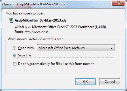 Apabila data hasil pencarian akan di export ke dalam Microsoft excel, klik tombol Export excel. Maka akan tampil seperti gambar dibawah, klik tombol Save apabila data akan disimpan kedalam komputer.
