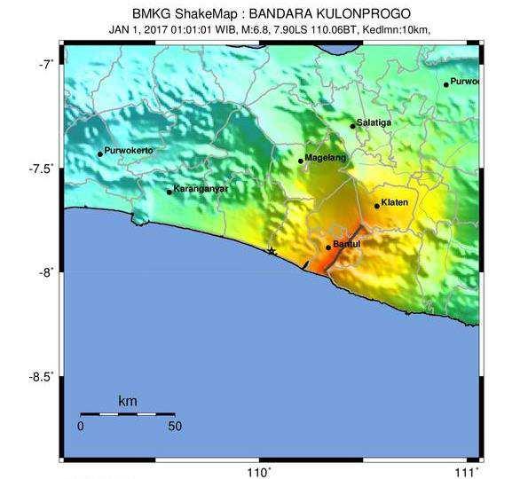 Shakemap skenario gempabumi magnitudo 6.8 AKIBAT SESAR OPAK skenario yang dijalankan akibat gempabumi Fault Opak dengan M 6.