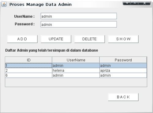 60 3.3.3.6 Implementasi Antarmuka Proses Manage Data Admin Gambar 3.42 Form Proses Manage Data Admin adalah tampilan form untuk proses manage data admin.