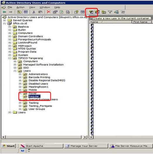 Gambar 2 Active Directory Create User Semua ID yang telah terdaftar akan ditampilkan pada halaman Active Directory.