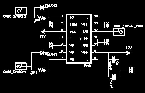 Driver MOSFET yang digunakan adalah IR2110, mempunyai saluran keluaran sisi tinggi dan sisi rendah yang independen. Gambar 11.