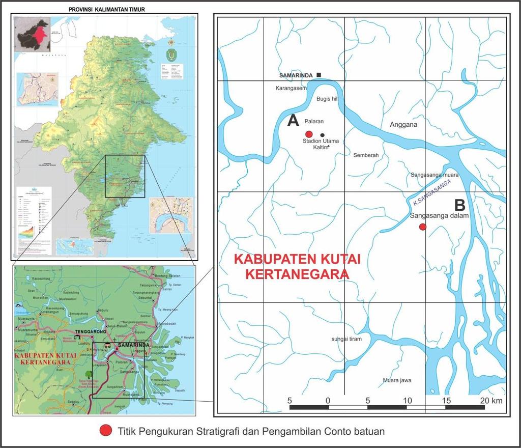 3 Gambar I.1. Peta lokasi penelitian. Lokasi penelitian berada di daerah Palaran Stadion Utama dan Sanga-Sanga, Kutai Kertangera, Kalimantan Timur. I.3. Rumusan Masalah Beberapa permasalahan geologi yang menarik dan perlu dibahas di daerah penelitian adalah sebagai berikut: 1.