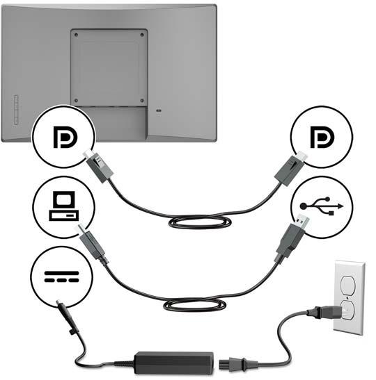 Kabel adaptor daya - Sambungkan ujung DC kabel adaptor daya 45 W ke bagian belakang monitor dan sambungkan kabel daya AC ke adaptor daya serta ke stopkontak AC.