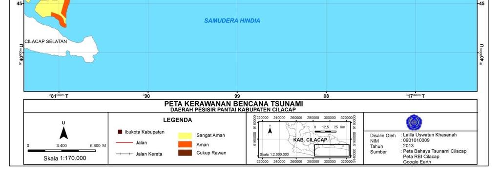 Klasifikasi kelas tingkat kerawanan bencana tsunami Kabupaten Cilacap ada lima yaitu kelas sangat aman, kelas aman, kelas cukup aman, kelas rawan, dan kelas sangat rawan, namun dalam penelitian ini