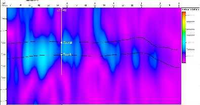 Gambar 13. Hasil S-Transform dengan frekuensi 15 Hz pada Inline 1148. Menurut hasil dekomposisi spektral S-Transform dengan frekuensi 30 Hz, pada Gambar 14.