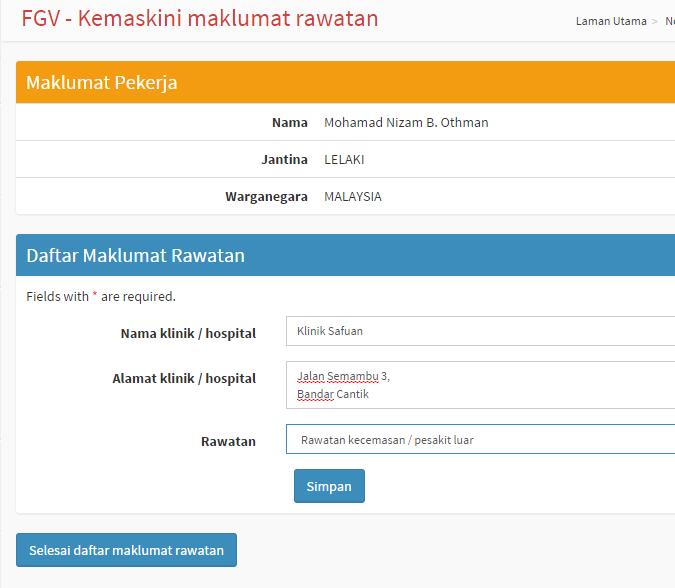 Selepas klik butang Daftar maklumat kecederaan di paparan senarai mangsa, pengguna perlu mendaftar masuk maklumat rawatan yang telah diberikan kepada mangsa; Nama klinik /