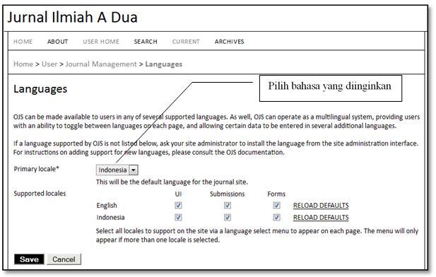 Bahasa yang digunakan untuk pengelolaan jurnal dapat dipilih sesuai dengan yang diinginkan termasuk Bahasa Indonesia seperti Gambar 6.