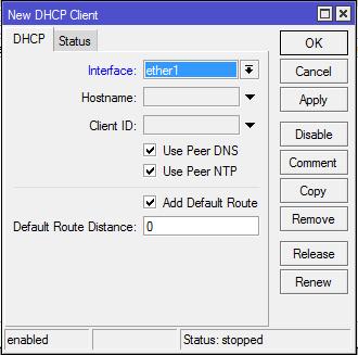 37 5. Karena ISP yang digunakan, menggunakan dynamic server, maka tambahkan konfigurasi DHCP Client pada menu IP > DHCP Client, masukan Interface pada ether1 karena internet akan terhubung melalui