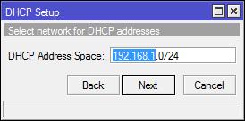 41 14. Atur DHCP Addres Space pada 192.168.1.0/24 yang merupakan alamat yang diberikan dari ether2, lalu klik Next Gambar 3.19 Menentukan Alamat Jaringan 15. Masukan Gateway 192.168.1.1/24 sebagai pintu untuk koneksi ke internet, klik Next Gambar 3.