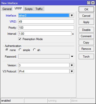 45 5. Untuk itu tambahkan alamat IP pada menu IP > Addresses 192.168.1.253/32 dan Interface pada vrrp1 Gambar 3.29 Memasukan Alamat IP Virtual 6.