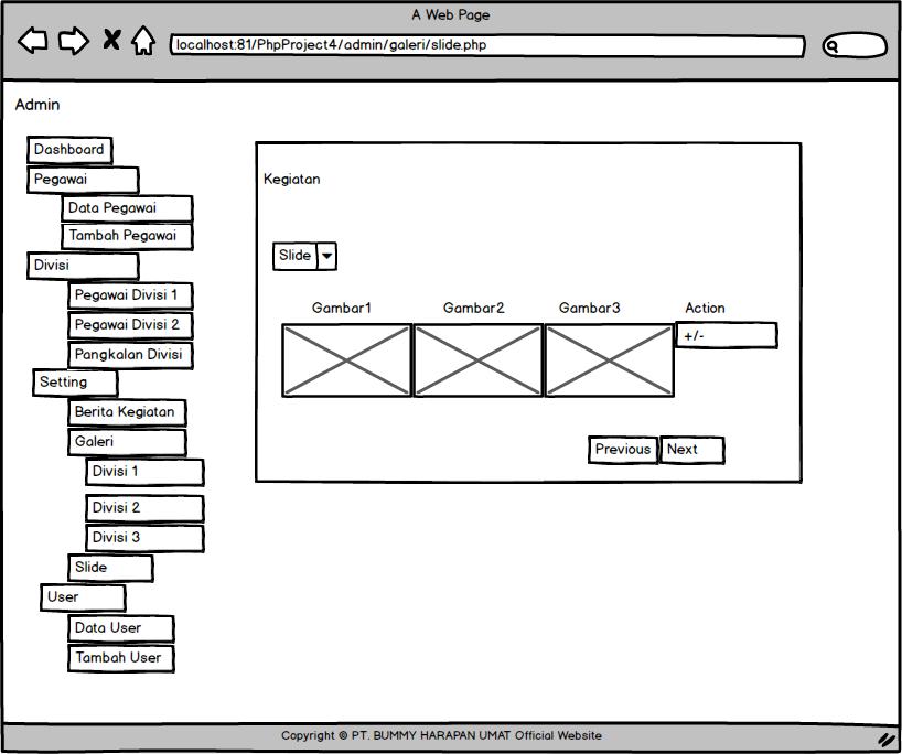 50 Gambar 3.21 Rancangan Halaman Slide 3.6.5.13 Rancangan antarmuka halaman user Rancangan antarmuka halaman user berfungsi untuk mengatur user login.