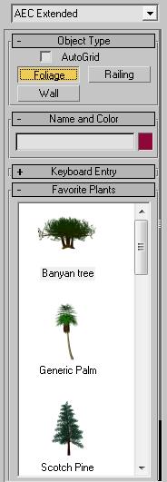 Pepohonan 1. Pertama, klik Create lalu Geometry dan pilih AEC Extended setelah itu klik Foliage dan pilih bentuk pohon yang ingin digunakan.