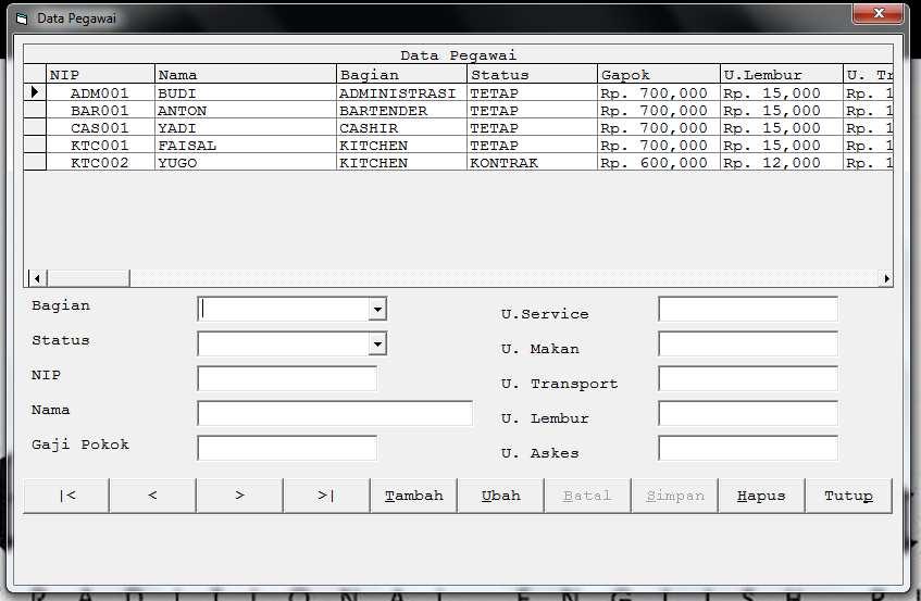 80 3. Form Input Data Pegawai Digunakan untuk mengisi semua data pegawai, tampilan form ini adalah sebagai berikut : Gambar 5.
