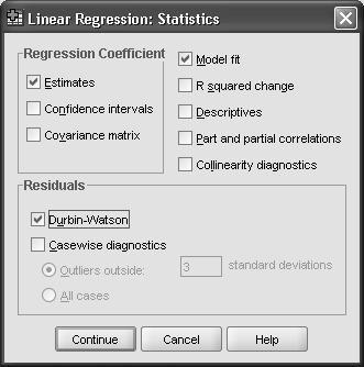 h) Klik tombol Statistics, selanjutnya akan terbuka kotak dialog Linear Regression Statistics. Pilih Durbin-Watson untuk menguji autokorelasi.